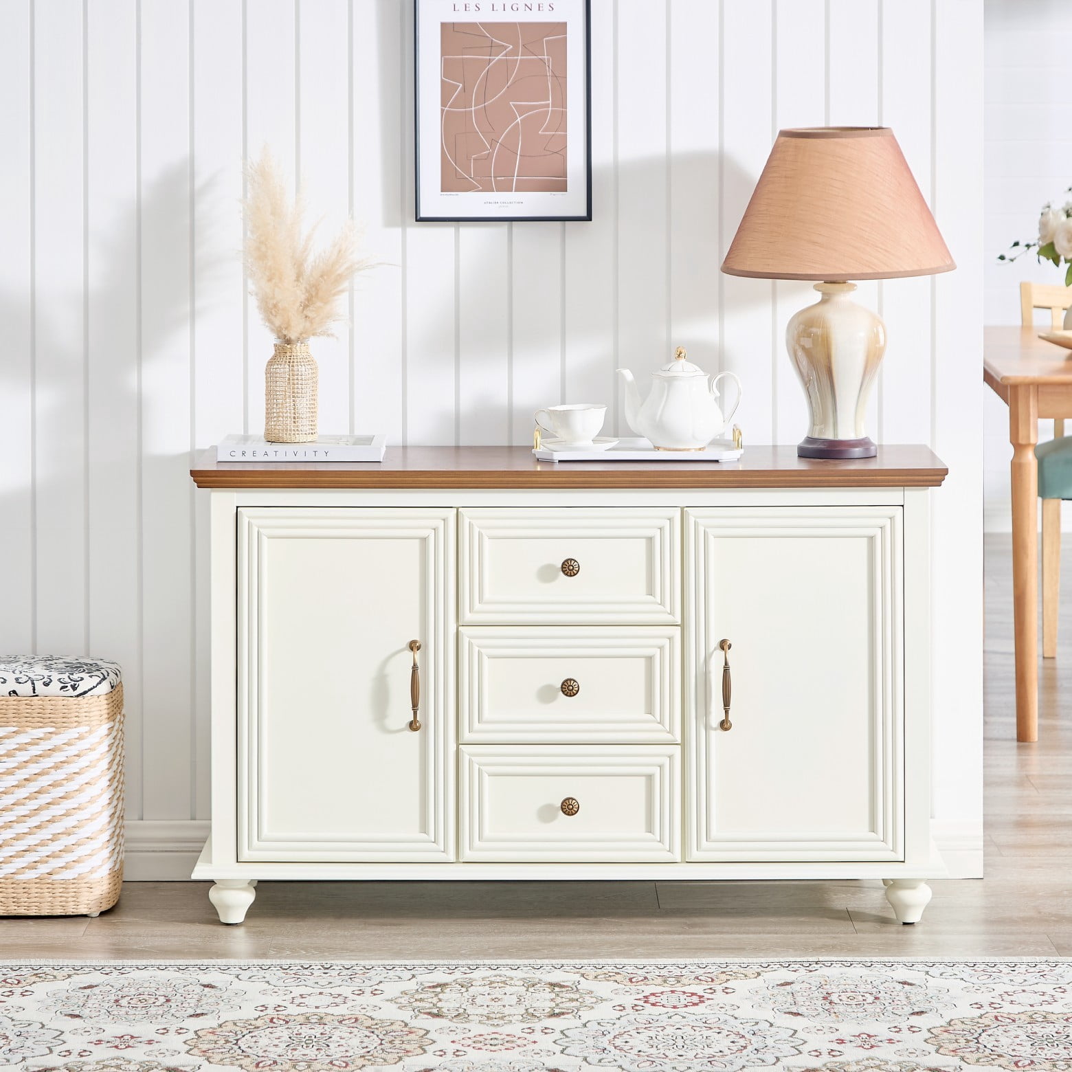 47.3" Mid Century Modern Sideboard Cabinet with 2 Doors & 3 Drawers, Buffet Storage Console Table for Living Room Dining Entryway, White