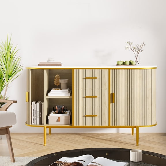 47.3" Modern Buffet Cabinet with Storage, Modern Coffee Bar Console Table with Faux Marble Top & Curved Sliding Doors, Storage Accent Cabinet for Kitchen, Living Room, Entryway