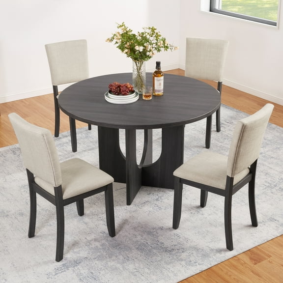 47.3" Round Dining Set with 4 Upholstered Dining Chairs, Modern Round Dining Table Set for 4, 5-Piece Round Dining Table Set for Living Room, Kitchen, Antique Black & Beige
