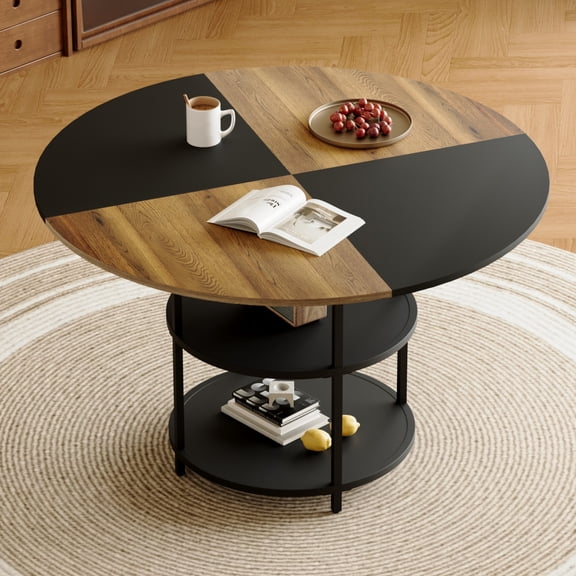 47.3" Round Dining Table, 2 Storage Shelves, Modern Farmhouse, Rustic Brown & Black