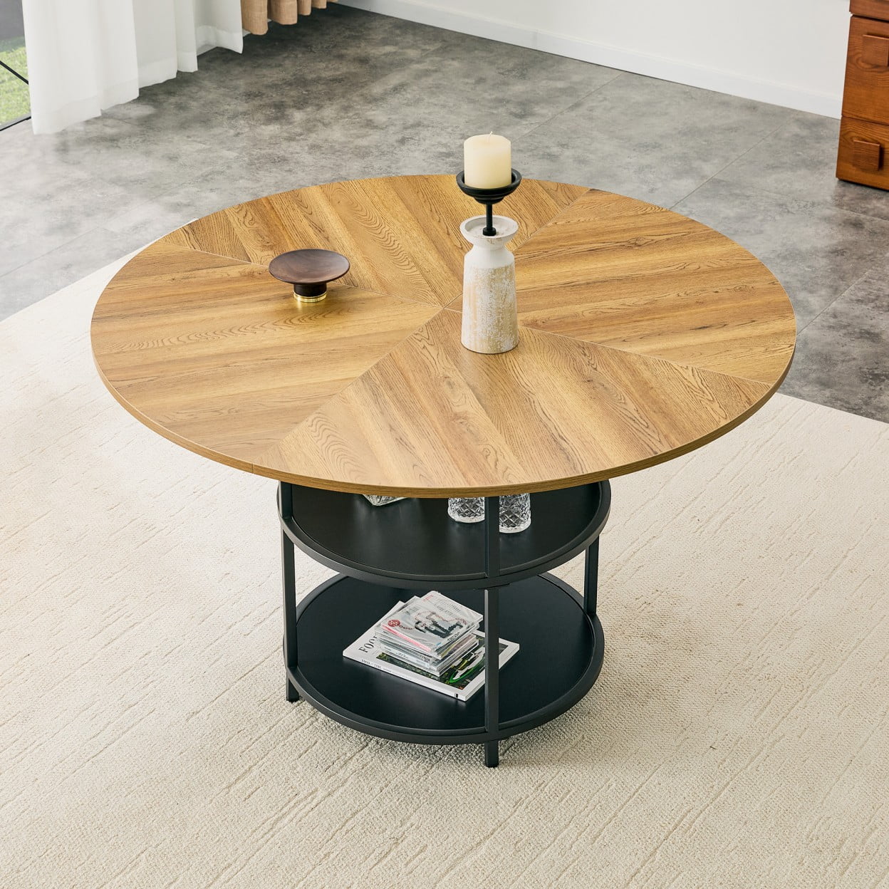 47.3" Round Dining Table for 4-6, Modern Farmhouse Kitchen Table with Double Layer Storage Shelf, Wood MDF Top, Metal Base for Dining Room