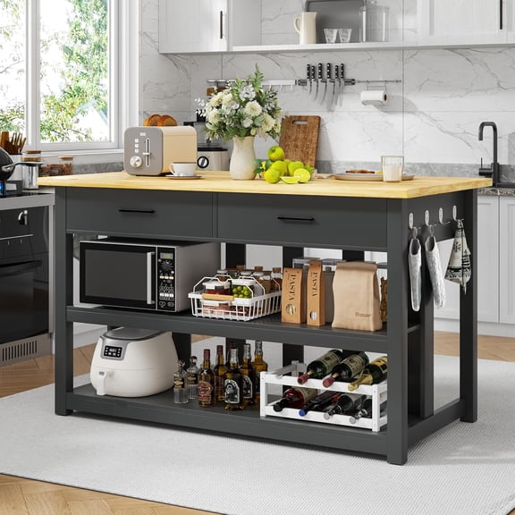 47.3" Solid Rubberwood Kitchen Island with Power Outlets - Extra Large Work Surface, 2 Drawers & Open Shelves Storage Cabinet for Kitchen Dining Room, Farmhouse Style (Black)