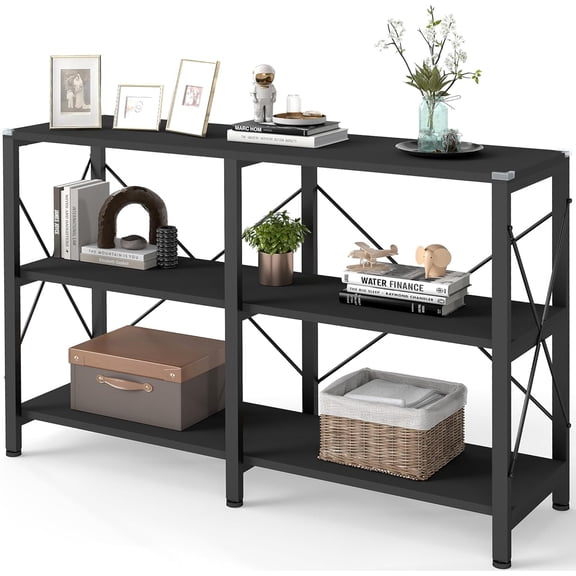 47" 3 Tier Book Shelf, Free Standing Horizontal Low Metal Rustic Farmhouse Book Case with Wood Shelves for Home Office, Den, or Living Room Black