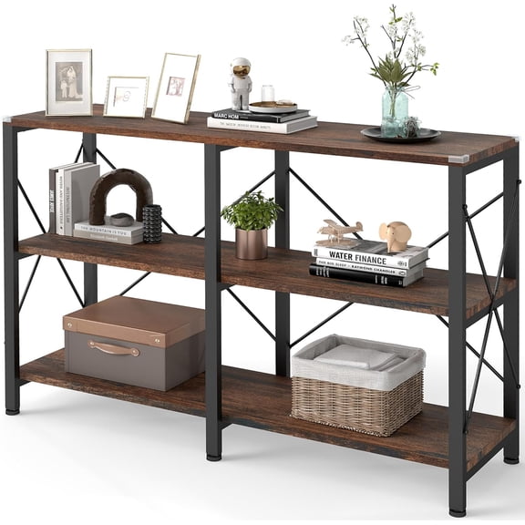 47" 3 Tier Industrial Book Shelf, Free Standing Horizontal Low Metal Rustic Farmhouse Book Case with Wood Shelves for Home Office, Den, or Living Room Rustic Brown and Black