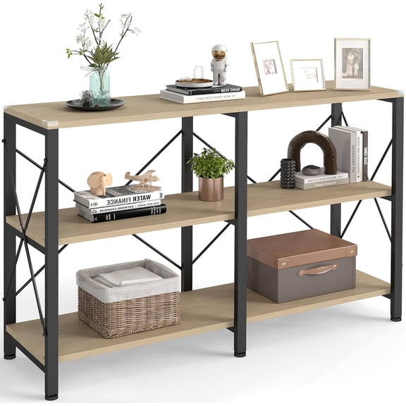 47" 3 Tier Industrial Book Shelf, Low Wide Bookshelf, 3 Tier Display Shelf, Low Bookcase for Home Office, Den, or Living Room Walnut