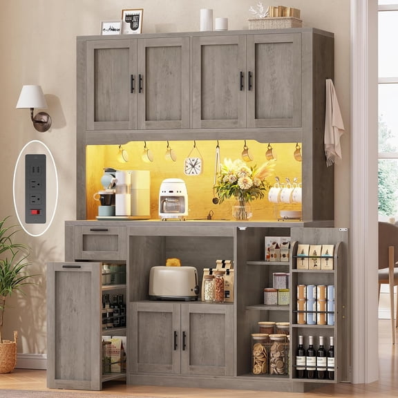 47.3" Wide Kitchen Pantry Cabinet with Charging Station and LED Light, Kitchen Storage Cabinet with Storage Cart 3 Tier for Dining Room