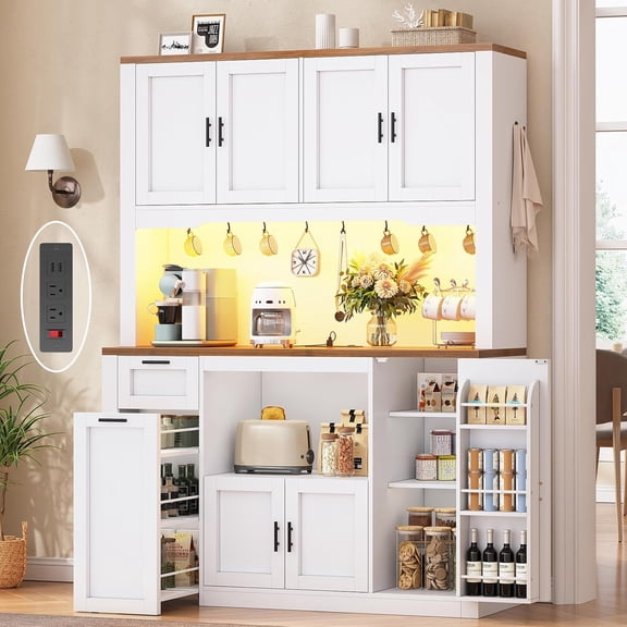 47.3" Wide Kitchen Pantry Cabinet with Charging Station and LED Light, Kitchen Storage Cabinet with Storage Cart 3 Tier for Dining Room