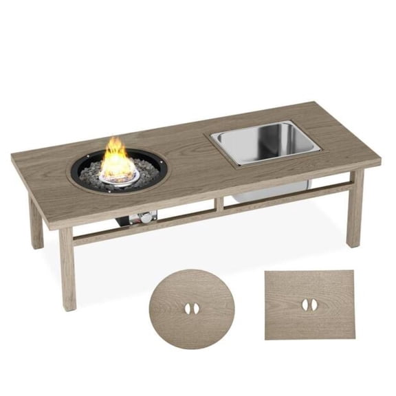 47" 3-in-1 Outdoor Aluminum Beige Propane Fire Pit Table 50, 000 BTU with Ice Bucket
