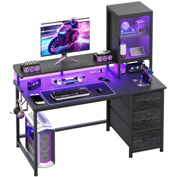 47.3 inch Gaming Desk with Acrylic Display Cabinets, Storage Drawers, Power Outlets & RGB LED Lights, Ergonomic Computer Desk for Home Office, Black