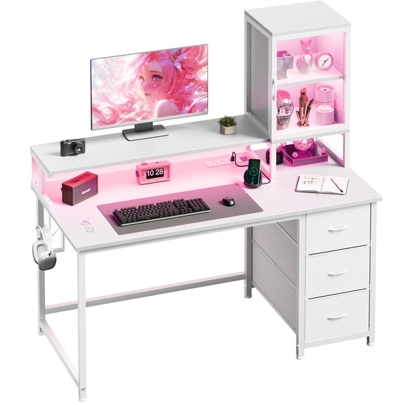 47.3 inch Gaming Desk with Acrylic Display Cabinets, Storage Drawers, Power Outlets & RGB LED Lights, Ergonomic Computer Desk for Home Office, White