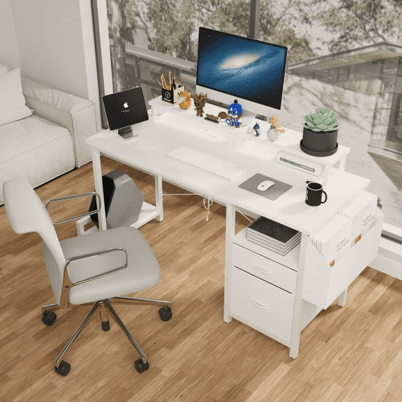 47.3"office desk with power outlet,2 Monitor Stands,2 drawers,Side Pocket,Easy to Assemble,Frame stability Reversible