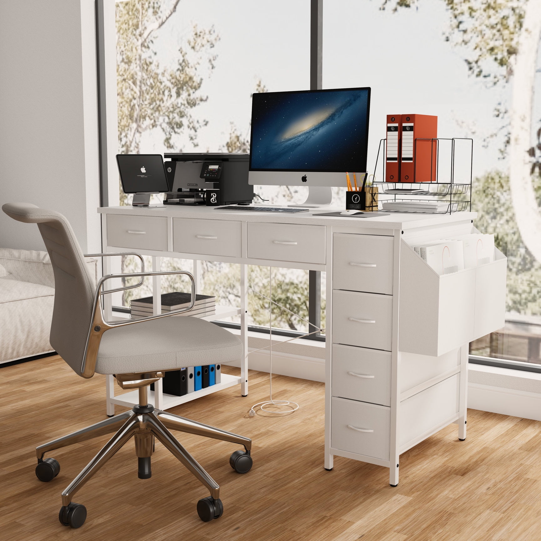 47.30-inch Modern Computer Desk with Hidden Power and Side Pocket ...