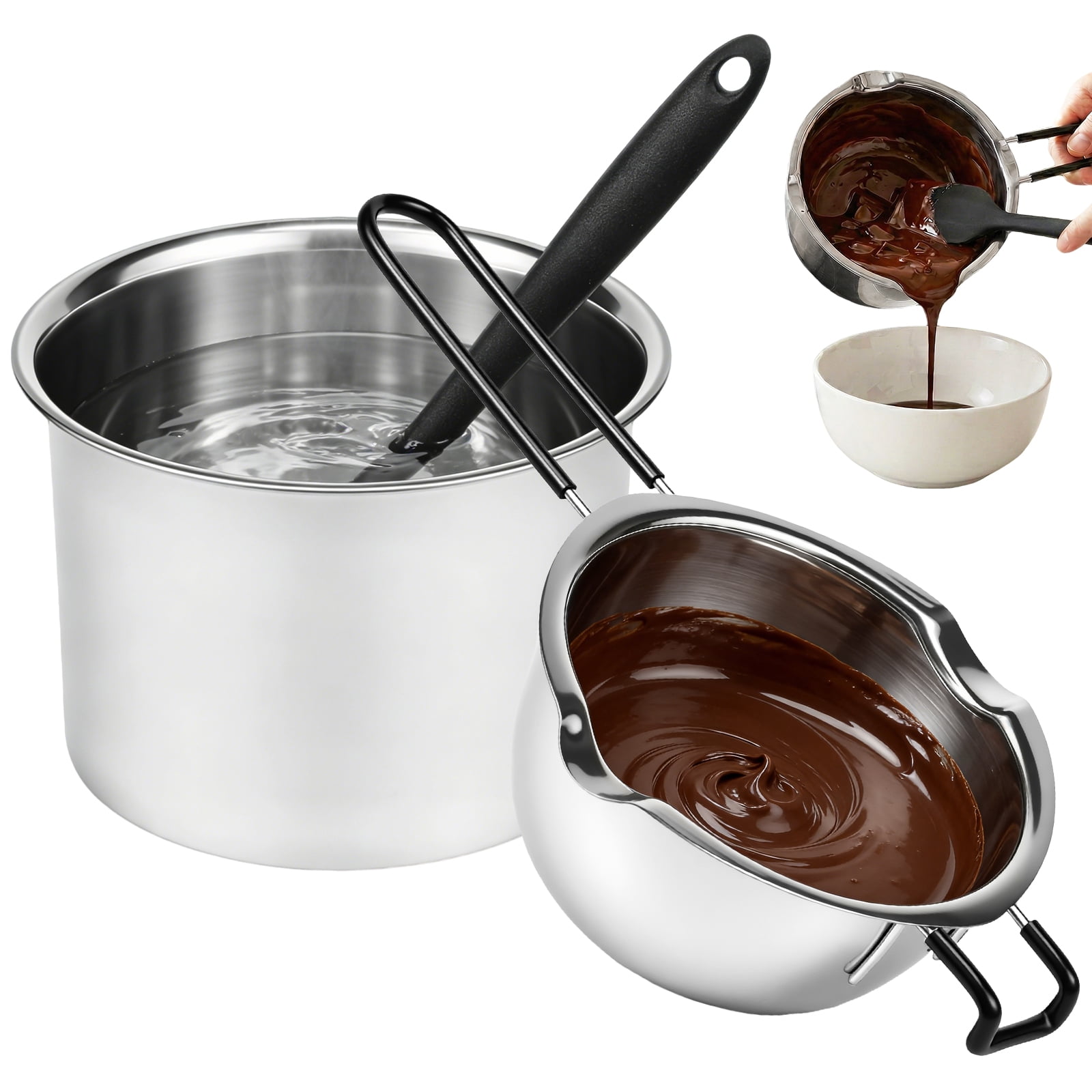 47.34+20.29 oz Double Boiler Pot Set Stainless Steel Long Handle Boiler Pot with Chocolate Melting Pot and Silicone Spatula for Melting Chocolate Candy Soap Wax Candle Making
