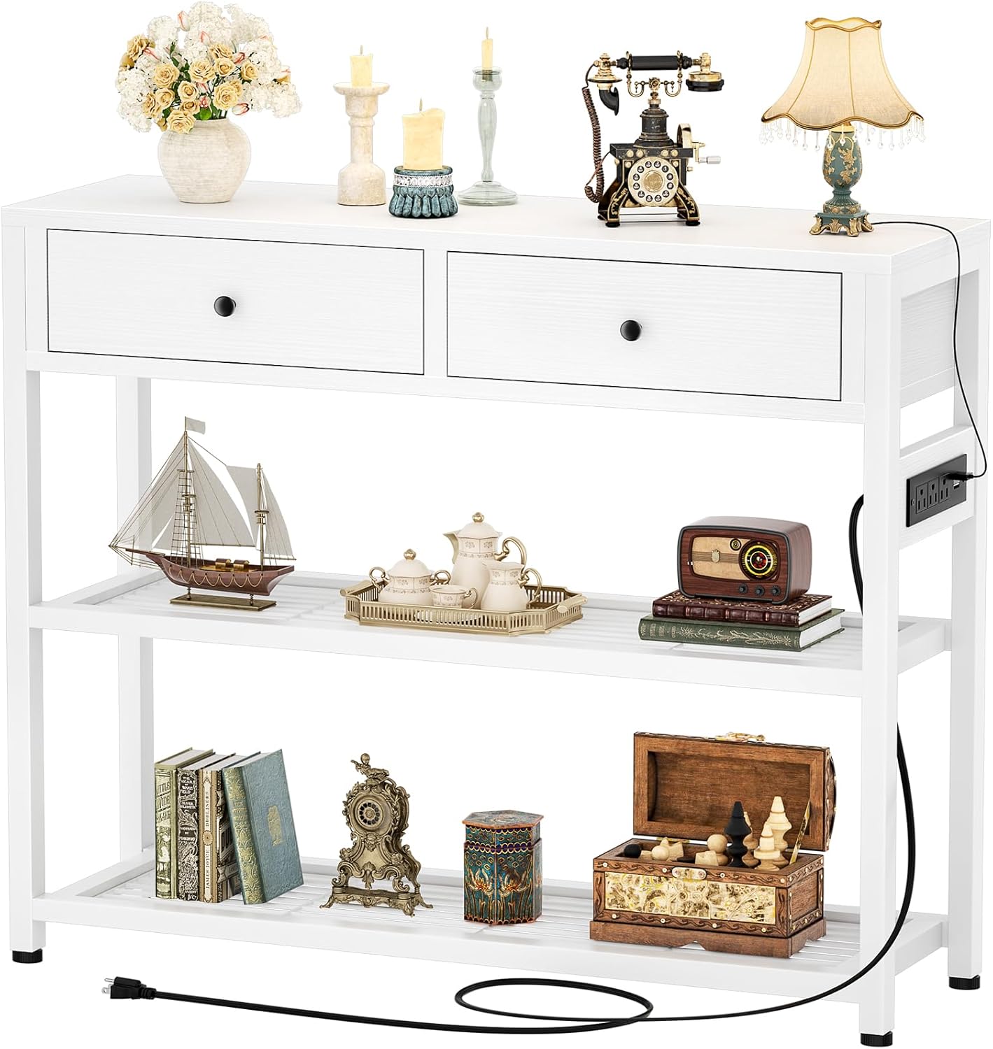 47'' Entryway Table with Outlets and Ports Console Table with 3 Drawers ...
