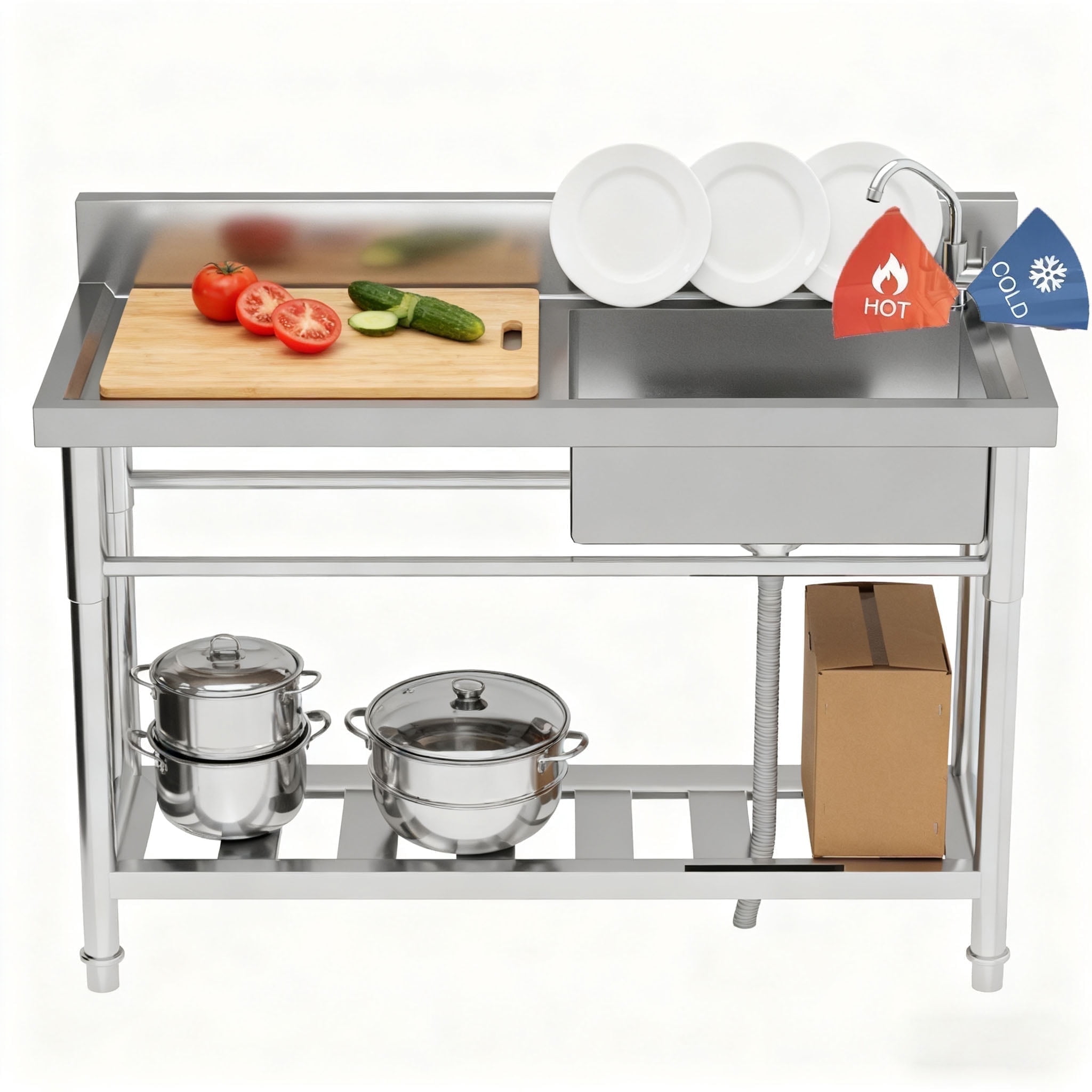 47.3x18.5x33.6Inch Stainless Steel Commercial Sink , Utility Sink with Cold and Hot Water Pipe and Faucet, Kitchen Sink for Restaurant Laundry Room
