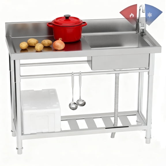 47.3x18.5x33.6Inch Stainless Steel Commercial Utility Sink with Cold and Hot Water Pipe and Faucet, Utility Sink with Workbench, Kitchen Sink for Caf Home Laundry Room