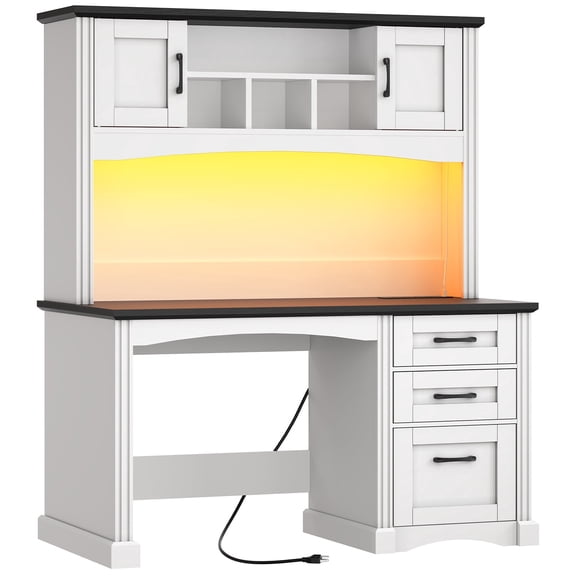 HOOBRO Farmhouse Computer Desk with Hutch, LED Light, File Drawer & Charging Station, White & Black