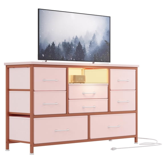 47.4 Inch TV Stand Up to 50 Inch TV, 8 Fabric Drawers Dresser with RGB LED Light and Power Outlet, Chest of Drawers for Hallway, Entertainment Center with Storage for Living Room, Entryway, Bedchamber