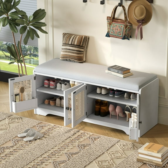 47.4" Storage Bench with Build-in Storage Compartment Rattan Doors, Wood Entryway Shoe Bench with Removable Cushion and Adjustable Shelves for Hallway, Living Room, White