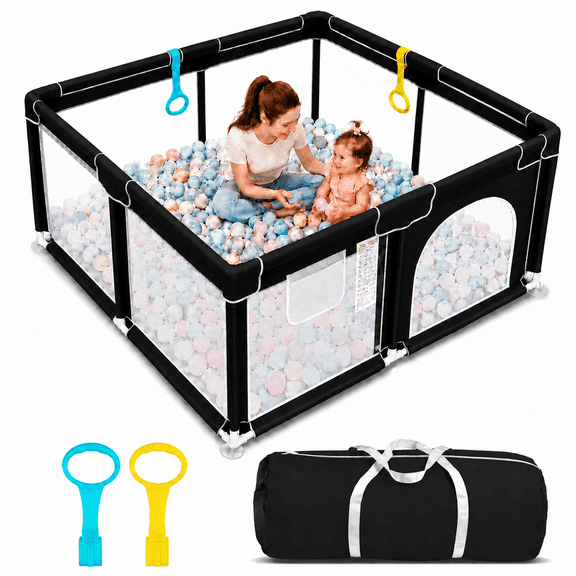 47*47Durable Playpen for Babies - Portable Toddler Playpen with Soft Breathable Mesh, for Indoor and Outdoor Use(Playpen Only (No Anti-Slip Mat),Black)