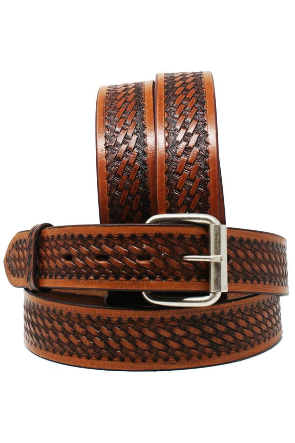 47-48 Unisex 1-1/2" 100% Full Grain Tan Leather Basket Weave Tooled Belt 2609RS03