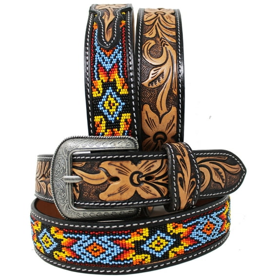 47-48 Unisex 1.5" Western Floral Tooled Beaded Full-Grain Leather Belt 26RT23A