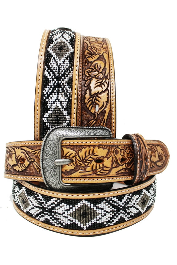 47-48 Unisex 1.5" Western Floral Tooled Beaded Full-Grain Leather Belt 26RT28A