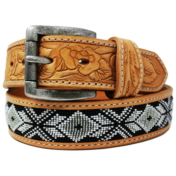 47-48  Unisex 1.5" Western Floral Tooled Beaded Full-Grain Leather Belt 26RT28