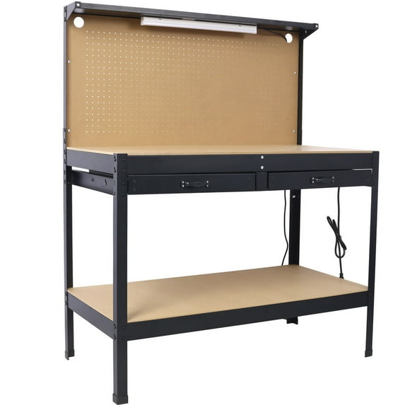 47.5" × 23.6" Multifunctional Workbench with Two Drawers, Peg Board, LED Light, 4×AC Outlets & 2×USB Ports