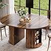 47.5"-63" Extendable Round Dining Table for 4-8, Modern Farmhouse Kitchen Table with 2-Tier Storage Shelf and Drawer, Fluted Pedestal Expandable Dinner Table,Walnut
