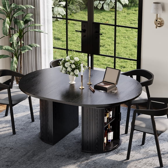 47.5 in to 63 in Modern Farmhouse Extendable Round to Oval Dining Table Seats 4-8 People, Expandable Kitchen Dinner Table with Fluted Pedestal, 2-Tier Storage Shelf and Pull Out Drawer black