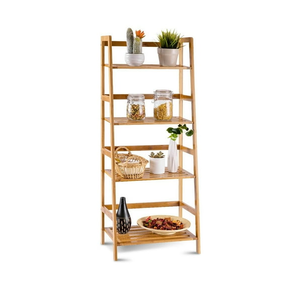 47.5'' Bamboo Ladder Shelf, Plant Flower Display Stand, Multifunctional Storage Rack, Bookcase Bookshelf for Entryway, Apartment, Living Room, Balcony, Bedroom (4 Tier)