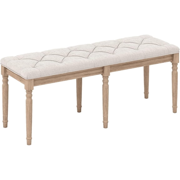 47.5" Beige Upholstered Dining Bench, Button-Tufted Table Bench with Carved Wood Legs, 440 lb Capacity
