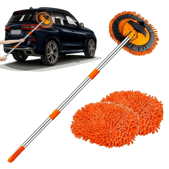 47.5" Car Wash Brush Mop Cleaning Tool with Long Handle Kit,2 in 1 Chenille Microfiber Sponge Duster Not Hurt Paint Scratch Free for Washing Cars Truck SUV RV Caravans and Household(2 x Mop Head)