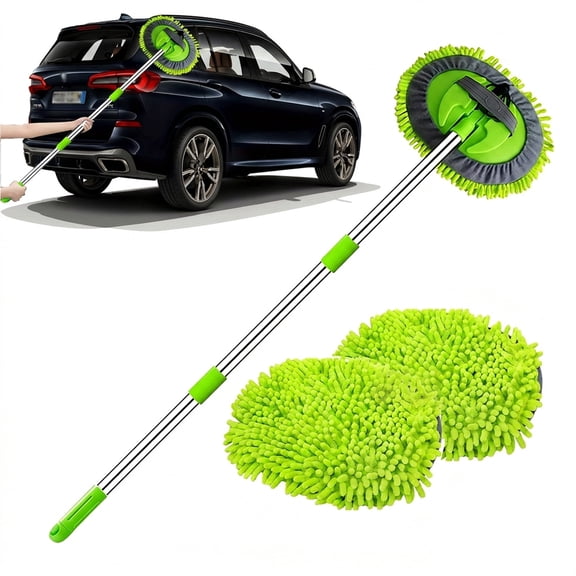 47.5" Car Wash Brush Mop Cleaning Tool with Long Handle Kit,2 in 1 Chenille Microfiber Sponge Duster Not Hurt Paint Scratch Free for Washing Cars Truck SUV RV Caravans and Household(2 x Mop Head)