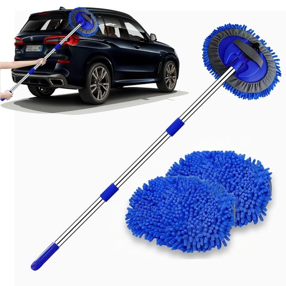 47.5" Car Wash Brush Mop Cleaning Tool with Long Handle Kit,2 in 1 Chenille Microfiber Sponge Duster Not Hurt Paint Scratch Free for Washing Cars Truck SUV RV Caravans and Household(2 x Mop Head)
