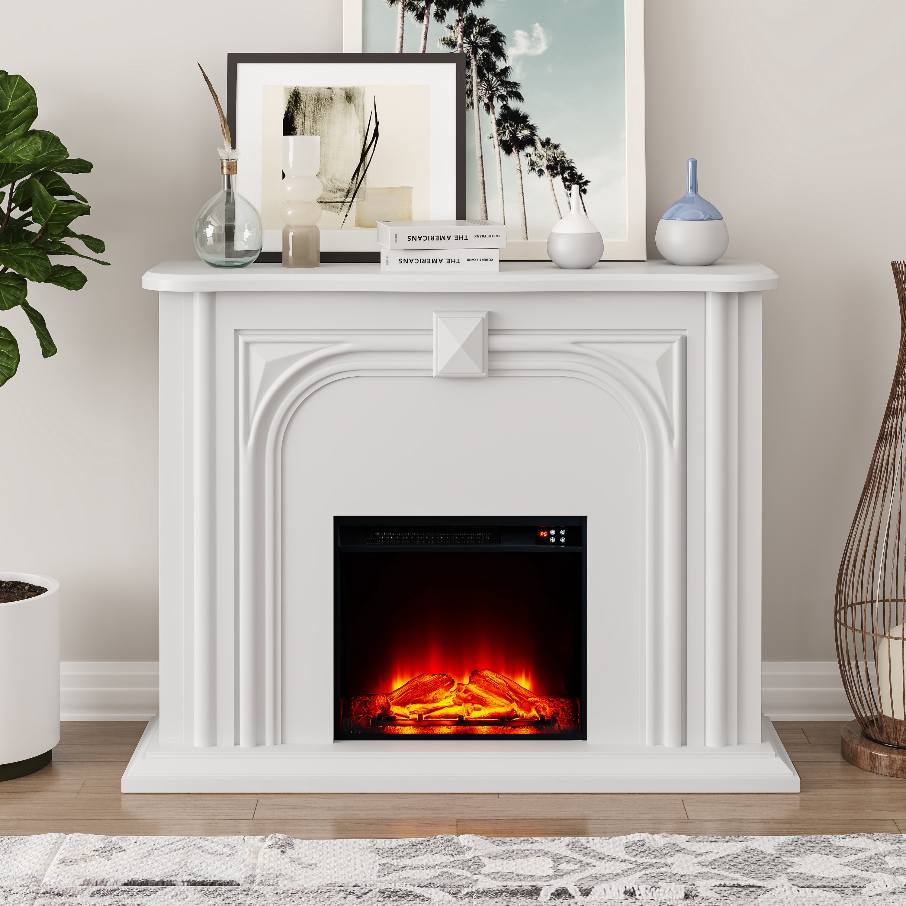 Joy River 47.5” Electric Fireplace Mantel in Modern White Finish with LED Flames
