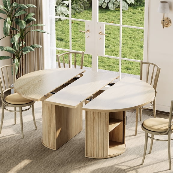47.5 Inch to 63 Inch Modern Farmhouse Extendable Round to Oval Dining Table Seats 4-8 People, Expandable Kitchen Dinner Table with Fluted Pedestal, 2-Tier Storage Shelf and Pull Out Drawer Table Only