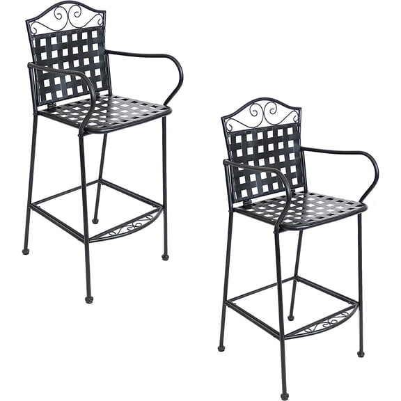 47.5-Inch H Wrought Iron Outdoor Bar Chairs with Scrolling Design - Set of 2 - Black