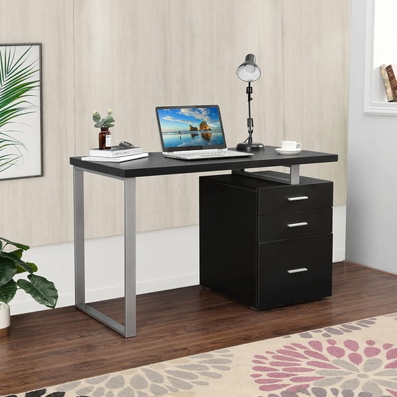 47.5" Office Desk Home Computer Desk with Reversible File Cabinet with Sliding Track Drawers Wooden Laptop Table with Metal Leg for Study Work