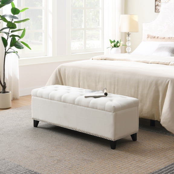 47.5" Storage Ottoman Bench With Safety Close Hinge, Button Tufted Linen Design For Living Room Entryway Hallway, Heavy Duty 500 Lb Capacity Footrest In Beige