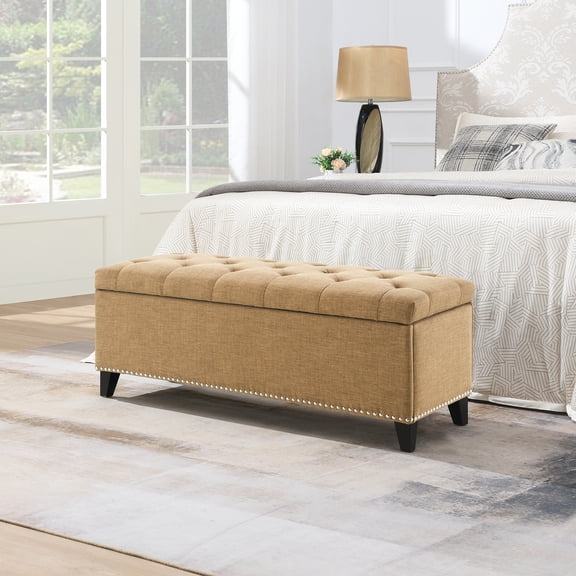 47.5" Storage Ottoman, Storage Bench with Safety Close Hinge, Linen Button-Tufted Ottoman for Living Room, Entryway, Hallway, Foot Rest, Support 500lbs - Brown