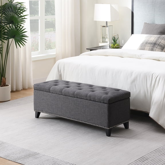 47.5" Storage Ottoman, Storage Bench with Safety Close Hinge, Linen Button-Tufted Ottoman for Living Room, Entryway, Hallway, Foot Rest, Support 500lbs - Dark Grey
