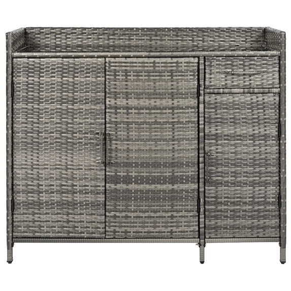 47.5"W Wicker Outdoor Storage Cabinet with Tempered Glass Desktop, Weather-proof Rattan Bar Table with Three Doors, Adjustable Shelf, and One Drawer, for Outdoor Cushions, Pool Toys , Grey