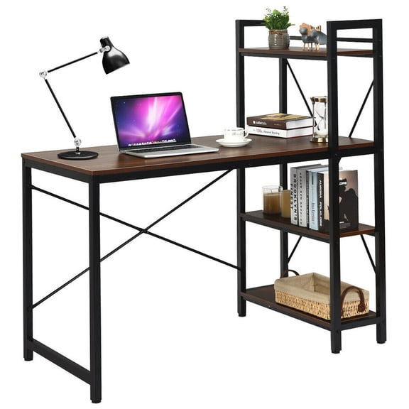 47.5" Writing Study with 4-Tier Bookshelves, Computer Desk for Home Office Gaming, Tan