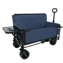 47" 500lbs Collapsible Wagon Cart, Foldable Utility Cart with Bench Seat, Tabletop and Drink Holders, 180L Capacity Camp Cart with Wheels, Dark Blue