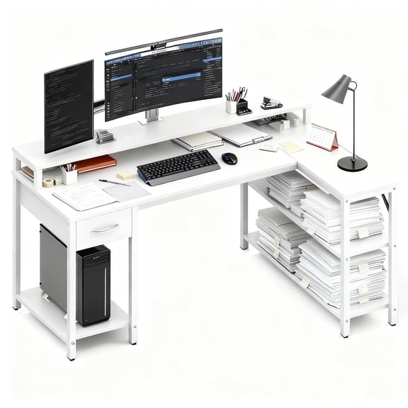 47/53-inch Desk with USB Charging Port and LED Light, Reversible L-shaped Table With Power Socket and Monitor Stand
