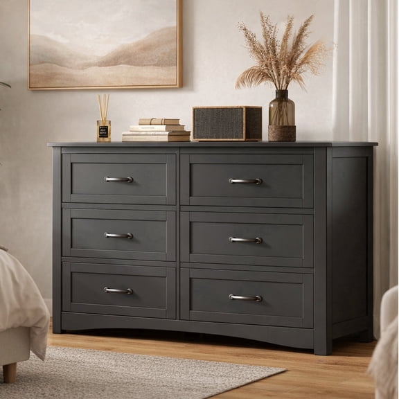 47" 6-Drawer Dresser with Metal Handles, Sturdy Wood Chest of Drawers for Bedroom, Living Room, Entryway & Hallway, Black