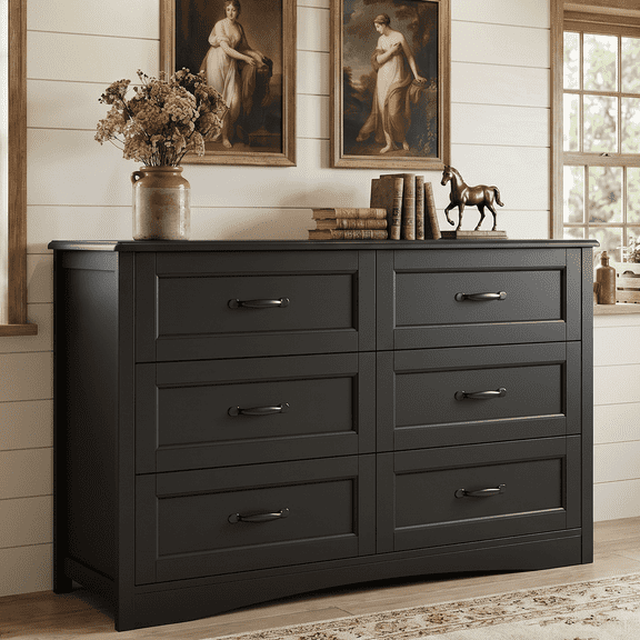 6-Drawer Dresser, 47" Wide Chest of Drawers with Metal Handles, Modern Storage Organizer Sturdy Wood Chest of Drawers for Bedroom, Living Room, Hallway, Office, Entryway, Black