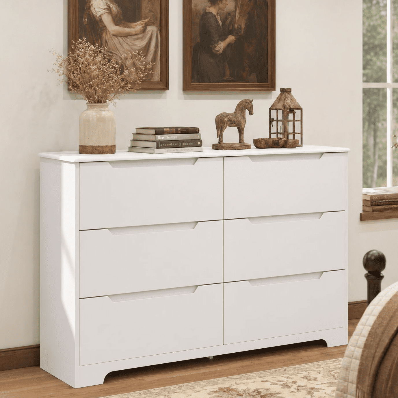 6 Drawer Double Dresser,&nbsp;Modern Wide Wooden&nbsp;Chest of Drawers with&nbsp;Cut-Out Handles,&nbsp;Anti-Tip Design,&nbsp;Closet Storage and TV Stand for Living Room, Hallway, White